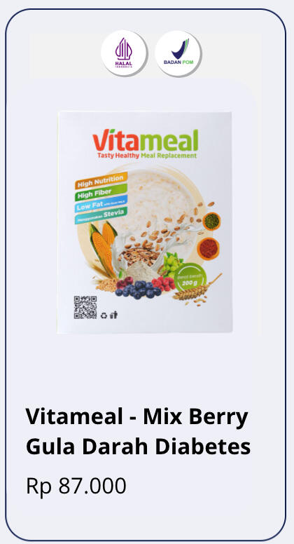 Deskripsi Produk 1 x Vitameal 200g - Sereal Nutrisi Tinggi untuk Membantu Mengontrol Gula Darah. Aturan Pakai: Tuangkan 3 sendok makan Vitameal ke dalam gelas. Tambahkan 150 ml air panas, lalu aduk hingga merata. Siap untuk dihidangkan.